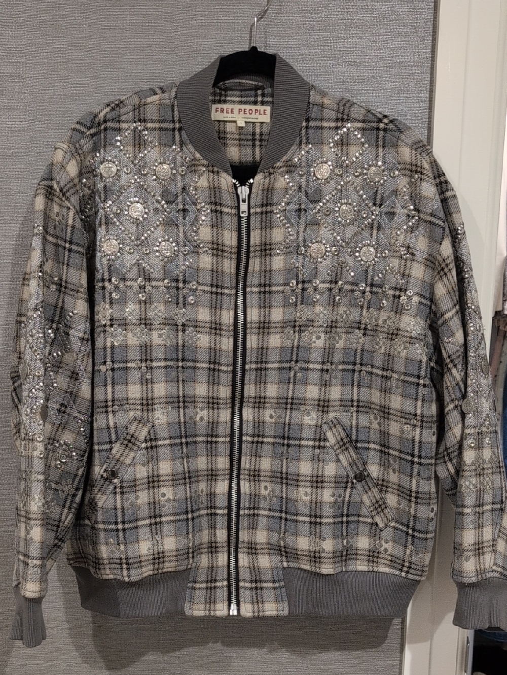 Free People Embellished Plaid Bomber Jacket — Gray & Cream